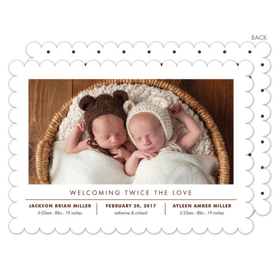 Brown Twice The Love Twins Photo Birth Announcements